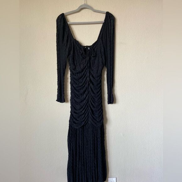 Ganni Midi Black Dress Ruched Stretch-Cloqué Size 10 - Picture 14 of 17
